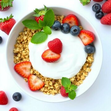 Frische Fr&uuml;hst&uuml;cksschale mit Joghurt, Erdbeeren, Heidelbeeren und Knusperm&uuml;sli auf wei&szlig;em Hintergrund. Gesund und lecker angerichtet &ndash; perfekt f&uuml;r Food-Themen.