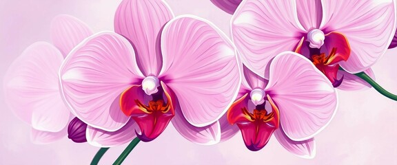 llustration im Cartoonstil mit pinken Orchideen auf einem farblich abgestimmten Bokeh-Hintergrund. Ideal für florale Dekos, Poster oder Wellnessdesigns.