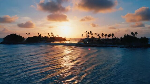 Tropical sunset reflecting on ocean water with silhouettes of palm trees and distant coast, capturing the peaceful beauty of an island evening in a warm and calm environment