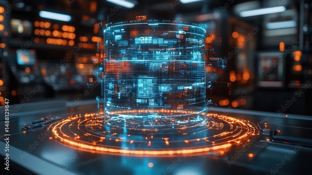 Poster futuristic data visualization: holographic cylinder displaying complex information