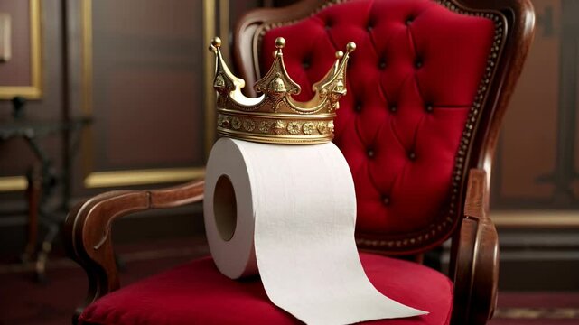 Roll of toilet paper wearing golden crown on royal throne chair in dramatic setting. Concept of humor, absurd luxury, and satire of value perception