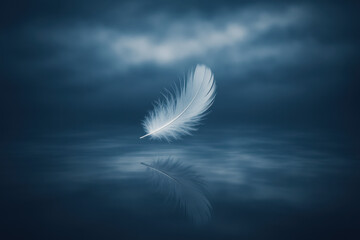 Floating Feather: A solitary white feather drifts serenely on a dark reflective surface under a moody sky, embodying a sense of tranquility, freedom, and weightlessness.