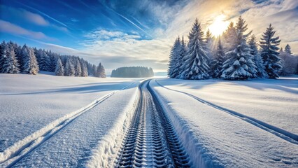 Snow-covered road with car tire tracks in the snow, snowy terrain, automotive track