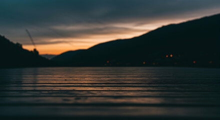 Naklejka premium sunset, mountains, dock, Wooden Dock at Sunset Over Mountains