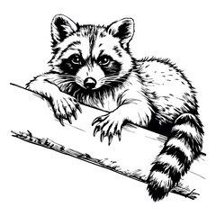 Raccoon lying on a tree branch with curious expression in vintage engraving style