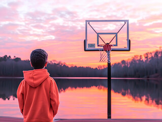 Boy watches sunset by lake court.