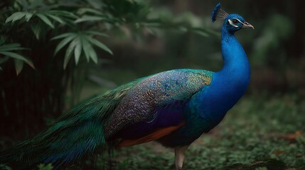 Obraz premium Peacock displays vibrant plumage in a lush setting