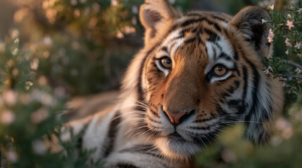 Fototapeta premium Bengal tiger close-up with striking gaze in foliage