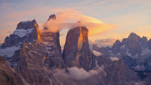 Dramatic sunset over sharp mountain cliffs as mist swirls around the jagged peaks, capturing the raw beauty and cinematic atmosphere of a high-altitude natural environment