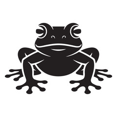 Striking black illustration of a stylized, powerful looking frog design. Vector black silhouette. with white background