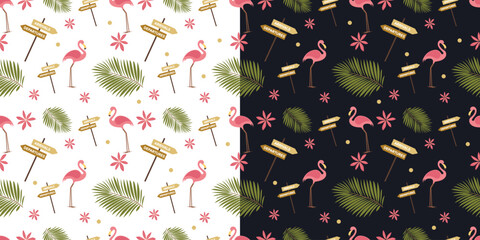 Flamingo travel pattern with palm leaves and directional signs. Ideal for holiday decor, fabric, beachwear, wrapping paper, and tropical-themed projects