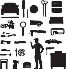 Silhouette Illustration of Automotive Repair Tools, Car Parts, and Mechanic: Vector Graphic for Auto Services and Maintenance