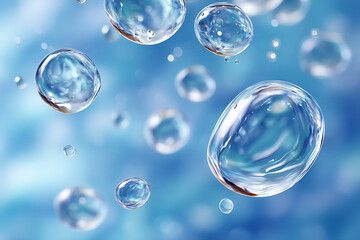 Close-Up of Multiple Transparent Water Droplets Suspended Against a Blue and White Gradient Background
