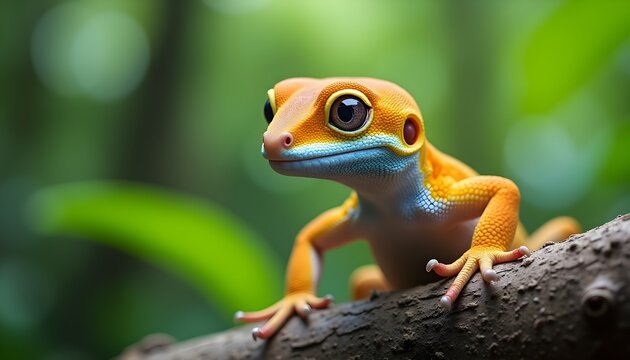 A close-up of a colorful gecko perched on a branch with a blurred green background - Powered by Adobe