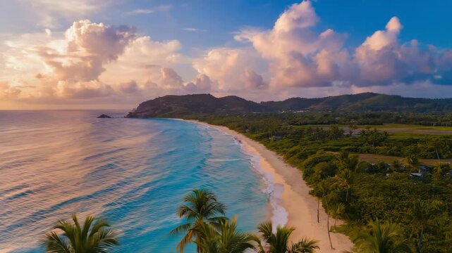 Aerial drone flying over a long tropical coastline with clear water and lush green forest, showing a peaceful and untouched paradise with blue ocean and warm sunny atmosphere