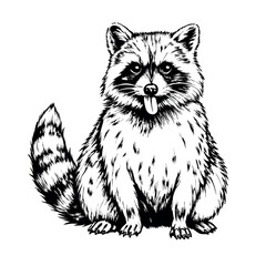 Sitting raccoon with tongue out in playful vintage engraving style