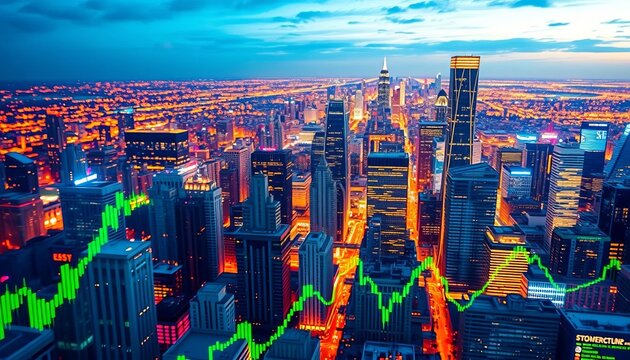 Abstract cityscape backdrop showing financial data streams & graphs, investment, charts