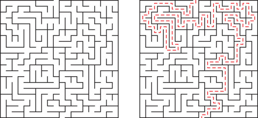 Labyrinth maze with solution displayed in red line for understanding and completion