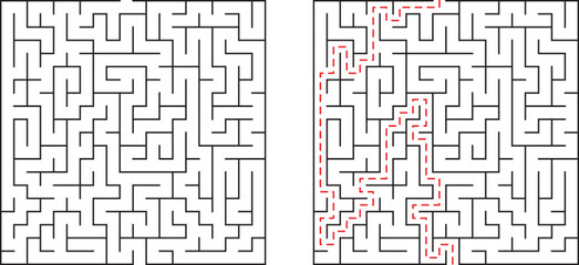 A complex maze solved and unsolved illustrating the path and solution concept