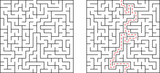 A challenging maze concept with the solution path marked in red for easy understanding