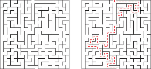 Maze illustration with solution showing a path to solve the challenging puzzle