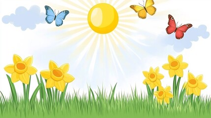 Spring meadow wishcard daffodils butterflies and soft sun rays text free nature layout