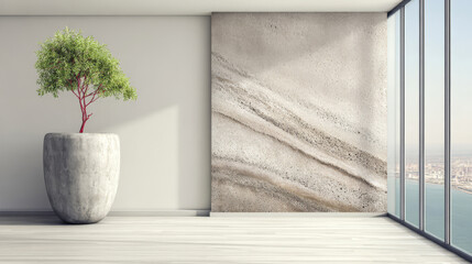 Modern interior design with a minimalistic style and a large window view