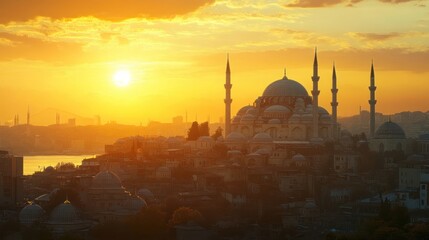 Sunset over the Magnificent Süleymaniye Mosque in Istanbul, Turkey