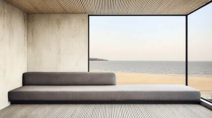 Modern interior with minimalist sofa overlooking serene beach at sunset