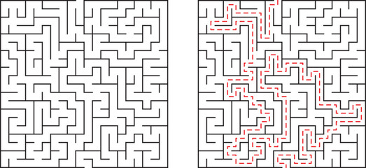 Complex black and white maze puzzle with solved path showing the correct solution