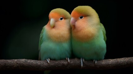 Obraz premium Two lovebirds cuddled on a twig. Dark background.