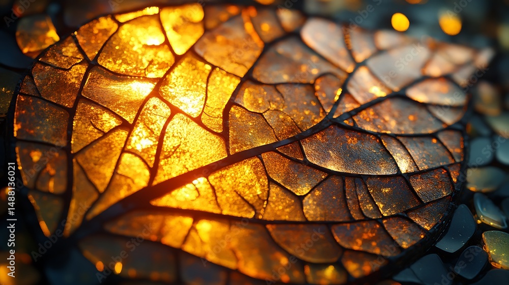 Poster illuminated leaf veins create a mosaic of amber and golden patterns design
