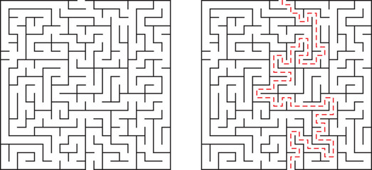 Simple maze with solved path and blank maze for problem solving and conceptual ideas