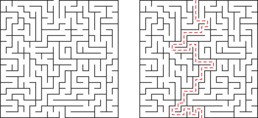 A complex maze illustration featuring unsolved and solved paths against a white background