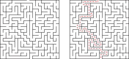 Complex maze with solution illustrating problem solving and pathway navigation clearly defined