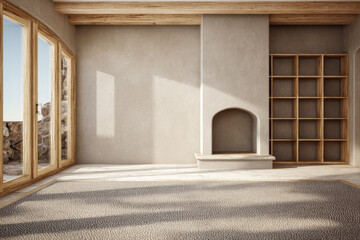 Modern interior design with large windows and a cozy fireplace in a minimalist setting