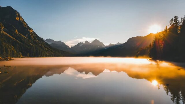 Calm lake at sunrise with morning fog and glowing reflections of mountains in the still water, creating a peaceful and quiet mood in a beautiful highland natural setting
