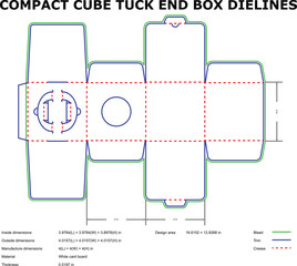 Detailed die-cut template for a compact cube tuck end box with dimensions and measurements