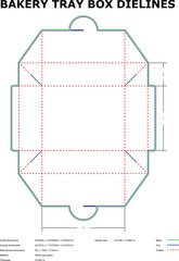 Detailed bakery tray box packaging dieline blueprint with dimensions and specifications for design