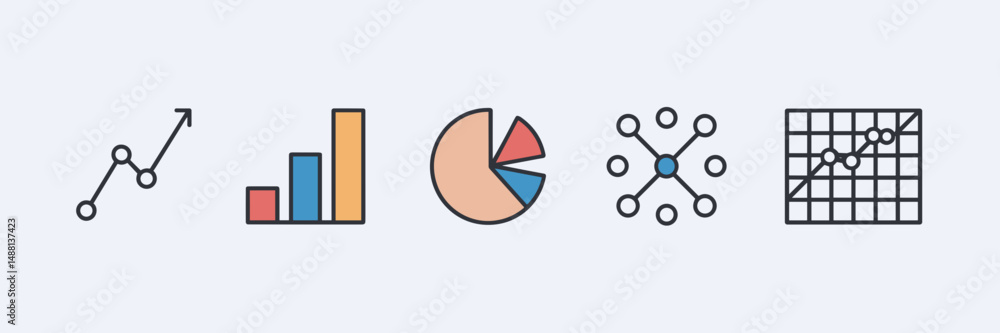 Poster abstract icon sheet of line, bar, pie, scatter, and area graphs – great for data visualization, repo