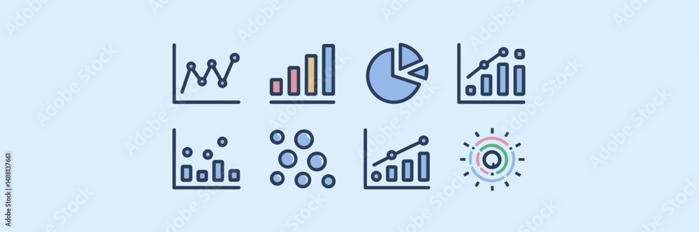 Poster vector graph icon set with line, bar, pie, scatter, bubble, and radar charts in grid – ideal for ana