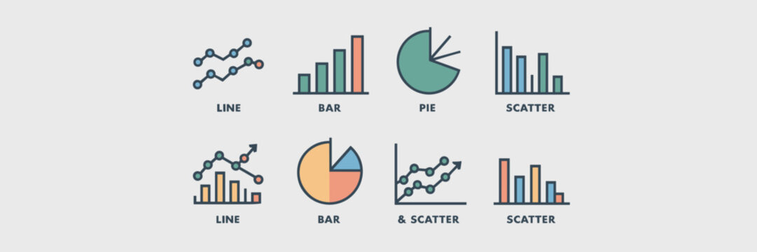 Colorful graph icon sheet featuring line, bar, pie, scatter, and combination chart with label &ndash; Great for business templates, educational infographics, or UI kits