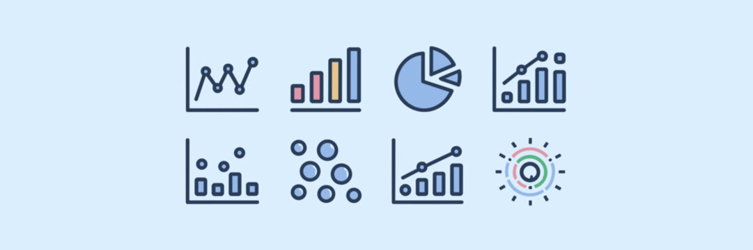 Vector graph icon set with line, bar, pie, scatter, bubble, and radar charts in grid &ndash; Ideal for analytics tools, presentations, or data-driven design