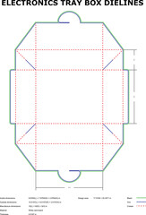 Detailed electronics tray box dielines layout with dimensions and cutting guides