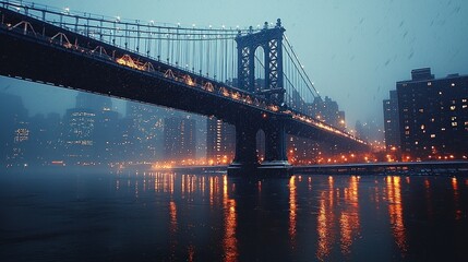 Fototapeta premium Manhattan Bridge at Night with Water Reflections and City Skyline