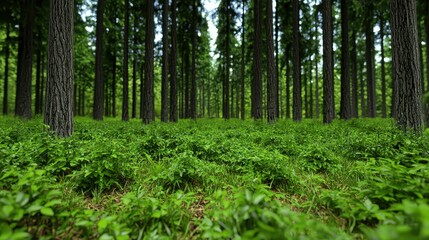 Fototapeta premium Lush Green Forest Floor with Tall Pine Trees