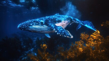 Humpback whale underwater amidst golden kelp forest illuminated in blue tones