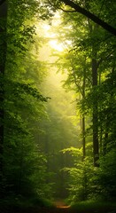 Obraz premium Sunlight Breaking Through Green Forest Canopy a Natural Scene