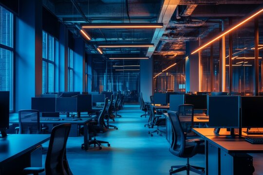 Modern open-plan office interior at night with moody lighting, wooden desks, and minimalist design in a dark loft building setting.