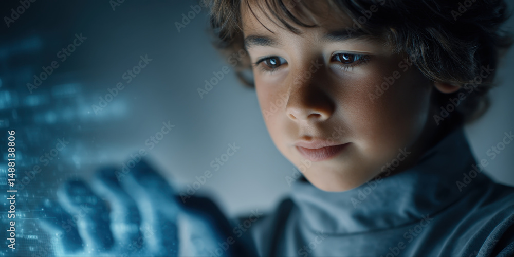 Poster curious child exploring futuristic holographic interface with glowing digital data, focused expressi